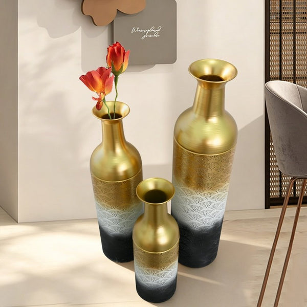 English Elm Decorative Metal Floor Vase Set Three Graduated Heights Leaf Embossed Living Room Accent W5977P521301
