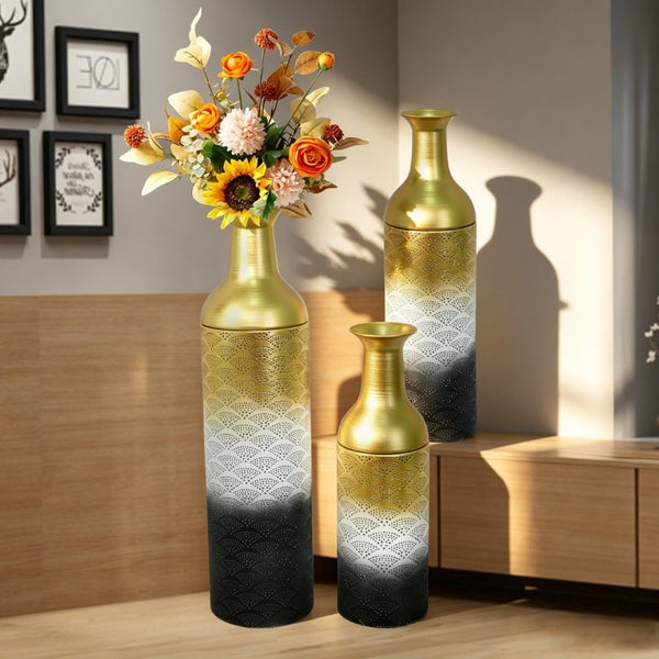 English Elm Decorative Metal Floor Vase Set Three Graduated Heights Leaf Embossed Living Room Accent W5977P521301