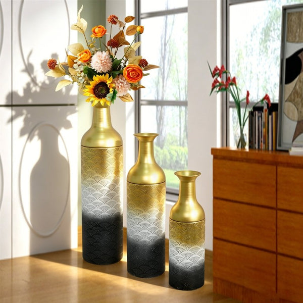 English Elm Decorative Metal Floor Vase Set Three Graduated Heights Leaf Embossed Living Room Accent W5977P521301