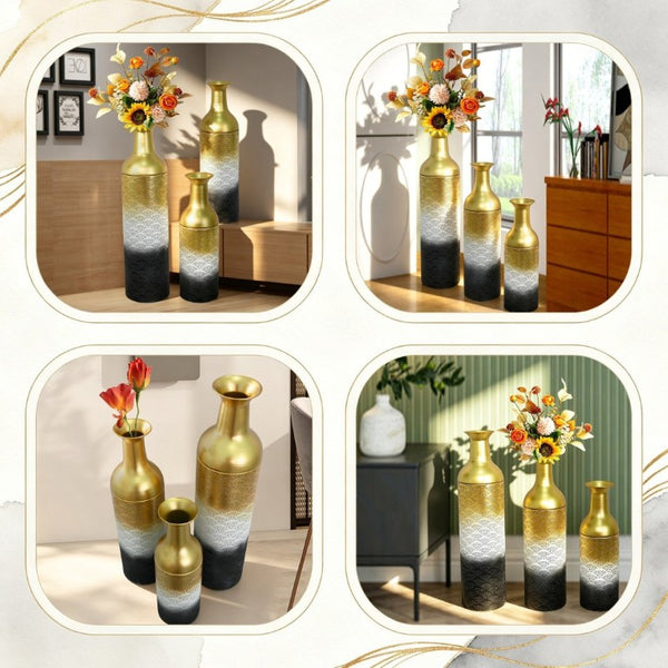 English Elm Decorative Metal Floor Vase Set Three Graduated Heights Leaf Embossed Living Room Accent W5977P521301