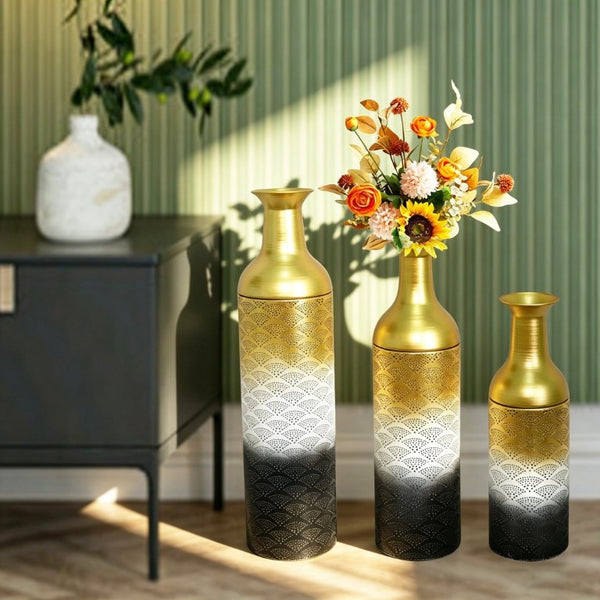 English Elm Decorative Metal Floor Vase Set Three Graduated Heights Leaf Embossed Living Room Accent W5977P521301