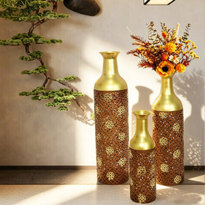 English Elm Decorative Metal Floor Vases Set of 3 Graduated Heights Rustic Embossed Leaf Design W5977P521302