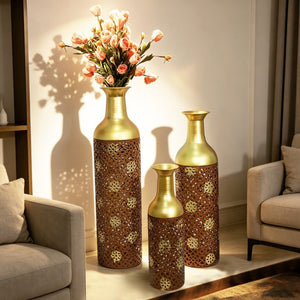 English Elm Decorative Metal Floor Vases Set of 3 Graduated Heights Rustic Embossed Leaf Design W5977P521302