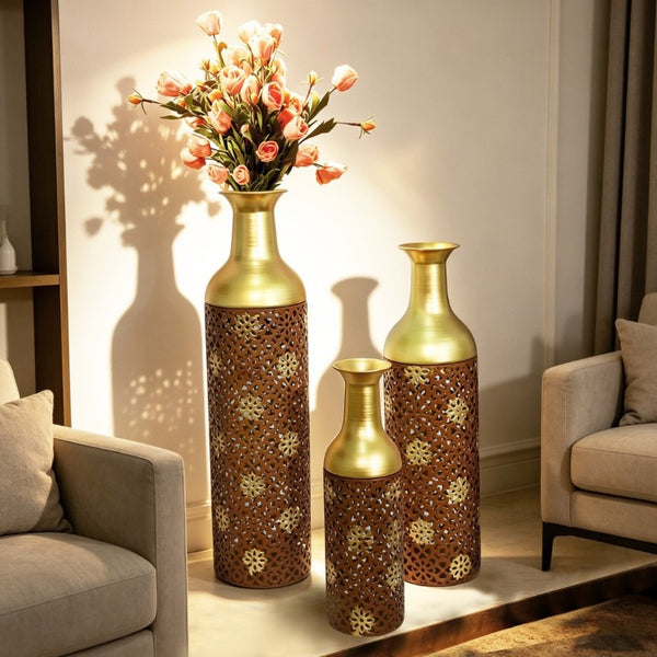 English Elm Decorative Metal Floor Vases Set of 3 Graduated Heights Rustic Embossed Leaf Design W5977P521302