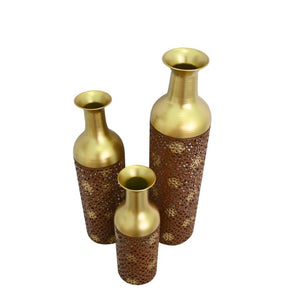 English Elm Decorative Metal Floor Vases Set of 3 Graduated Heights Rustic Embossed Leaf Design W5977P521302