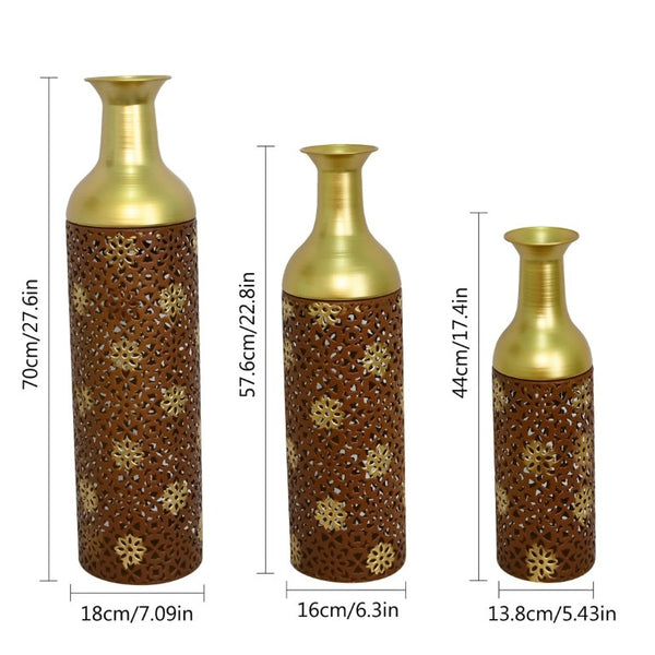 English Elm Decorative Metal Floor Vases Set of 3 Graduated Heights Rustic Embossed Leaf Design W5977P521302