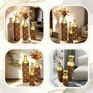 English Elm Decorative Metal Floor Vases Set of 3 Graduated Heights Rustic Embossed Leaf Design W5977P521302