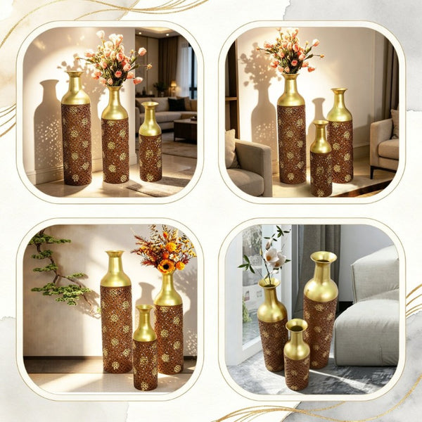 English Elm Decorative Metal Floor Vases Set of 3 Graduated Heights Rustic Embossed Leaf Design W5977P521302