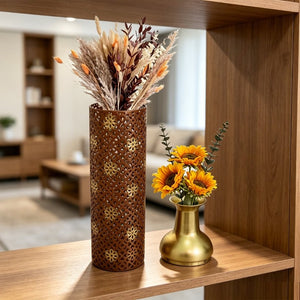 English Elm Decorative Metal Floor Vases Set of 3 Graduated Heights Rustic Embossed Leaf Design W5977P521302