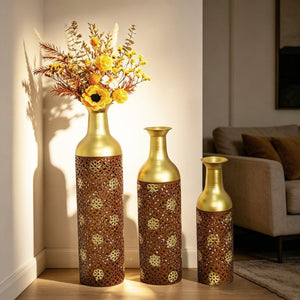 English Elm Decorative Metal Floor Vases Set of 3 Graduated Heights Rustic Embossed Leaf Design W5977P521302
