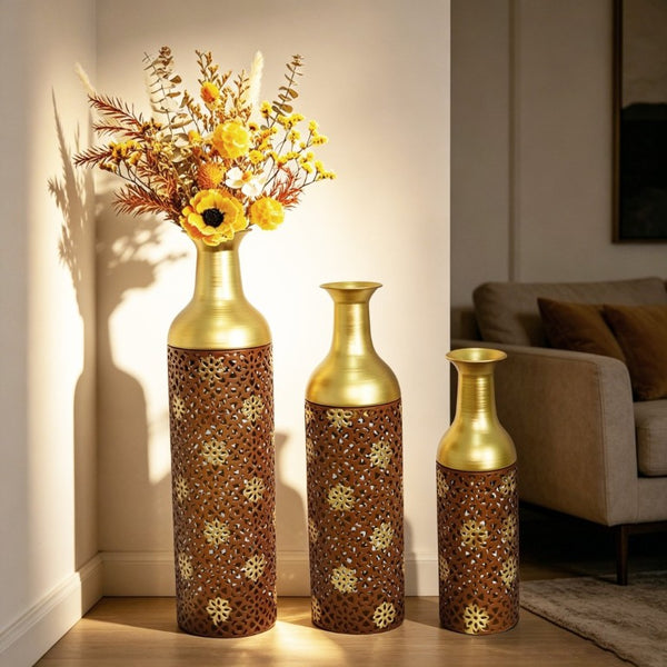 English Elm Decorative Metal Floor Vases Set of 3 Graduated Heights Rustic Embossed Leaf Design W5977P521302