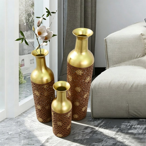 English Elm Decorative Metal Floor Vases Set of 3 Graduated Heights Rustic Embossed Leaf Design W5977P521302