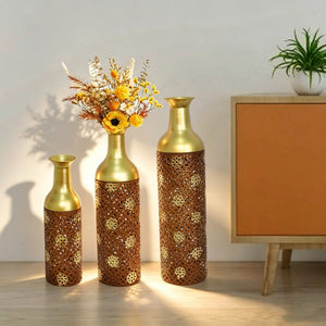 English Elm Decorative Metal Floor Vases Set of 3 Graduated Heights Rustic Embossed Leaf Design W5977P521302