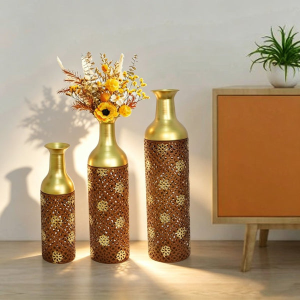 English Elm Decorative Metal Floor Vases Set of 3 Graduated Heights Rustic Embossed Leaf Design W5977P521302