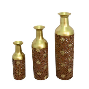 English Elm Decorative Metal Floor Vases Set of 3 Graduated Heights Rustic Embossed Leaf Design W5977P521302