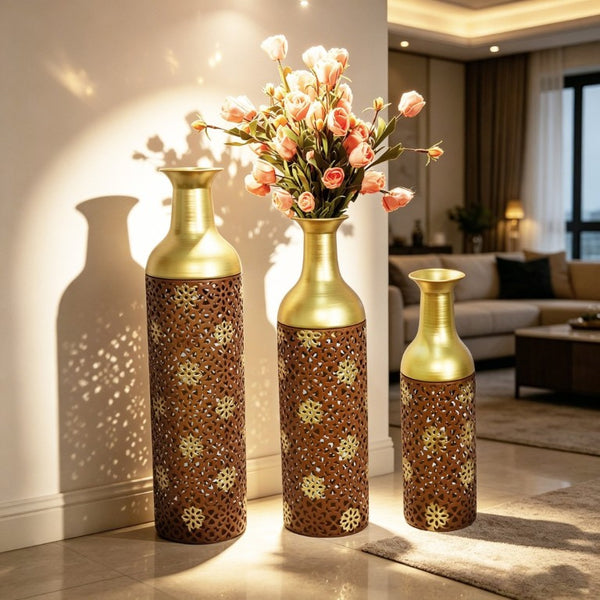 English Elm Decorative Metal Floor Vases Set of 3 Graduated Heights Rustic Embossed Leaf Design W5977P521302