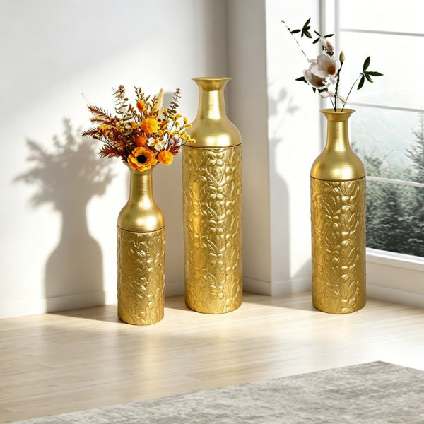 English Elm Decorative Metal Floor Vase Trio White Gold Leaf Tall Cylindrical Entryway Accent Set W5977P521303