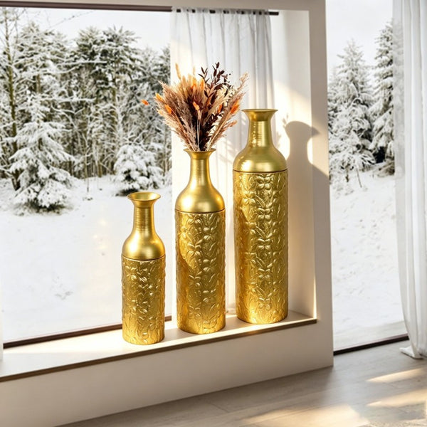 English Elm Decorative Metal Floor Vase Trio White Gold Leaf Tall Cylindrical Entryway Accent Set W5977P521303