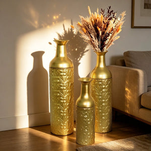 English Elm Decorative Metal Floor Vase Trio White Gold Leaf Tall Cylindrical Entryway Accent Set W5977P521303