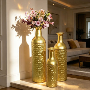 English Elm Decorative Metal Floor Vase Trio White Gold Leaf Tall Cylindrical Entryway Accent Set W5977P521303