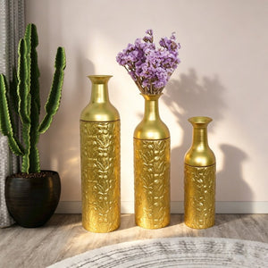 English Elm Decorative Metal Floor Vase Trio White Gold Leaf Tall Cylindrical Entryway Accent Set W5977P521303