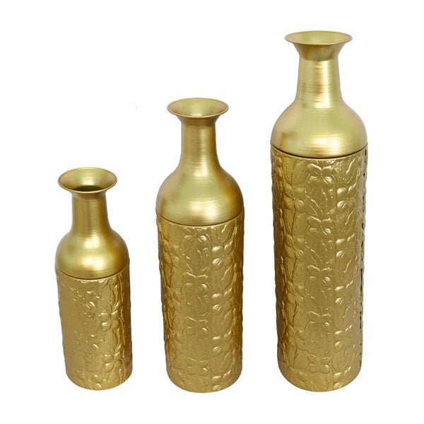 English Elm Decorative Metal Floor Vase Trio White Gold Leaf Tall Cylindrical Entryway Accent Set W5977P521303
