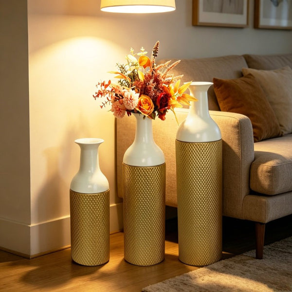 English Elm Decorative White Gold Honeycomb Metal Floor Vase Trio Graduated Heights Living Room W5977P521305