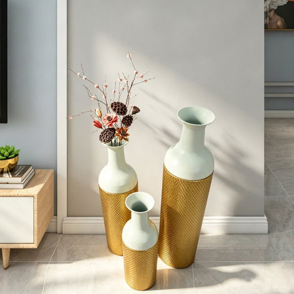 English Elm Decorative White Gold Honeycomb Metal Floor Vase Trio Graduated Heights Living Room W5977P521305
