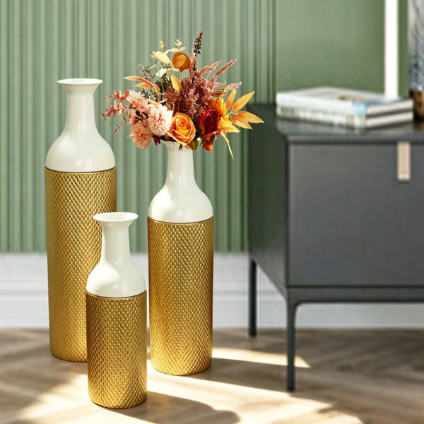 English Elm Decorative White Gold Honeycomb Metal Floor Vase Trio Graduated Heights Living Room W5977P521305