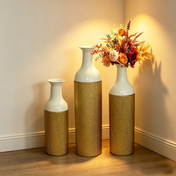 English Elm Decorative White Gold Honeycomb Metal Floor Vase Trio Graduated Heights Living Room W5977P521305