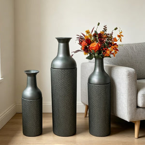 English Elm Decorative Honeycomb Metal Floor Vase Trio Handcrafted Black Silver Leaf Finish W5977P521306
