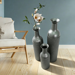 English Elm Decorative Honeycomb Metal Floor Vase Trio Handcrafted Black Silver Leaf Finish W5977P521306