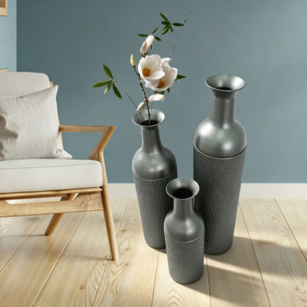 English Elm Decorative Honeycomb Metal Floor Vase Trio Handcrafted Black Silver Leaf Finish W5977P521306