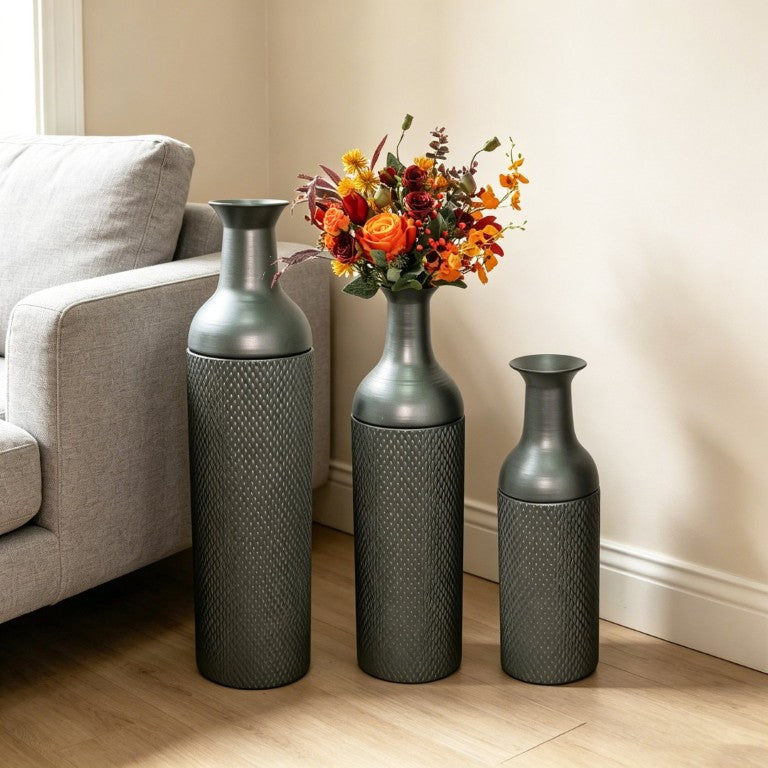 English Elm Decorative Honeycomb Metal Floor Vase Trio Handcrafted Black Silver Leaf Finish W5977P521306