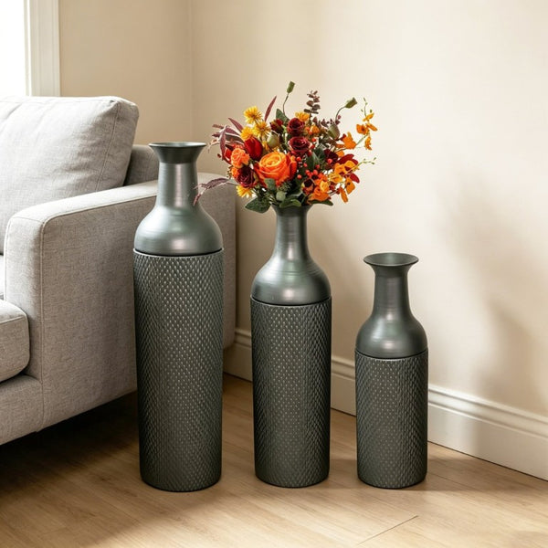 English Elm Decorative Honeycomb Metal Floor Vase Trio Handcrafted Black Silver Leaf Finish W5977P521306
