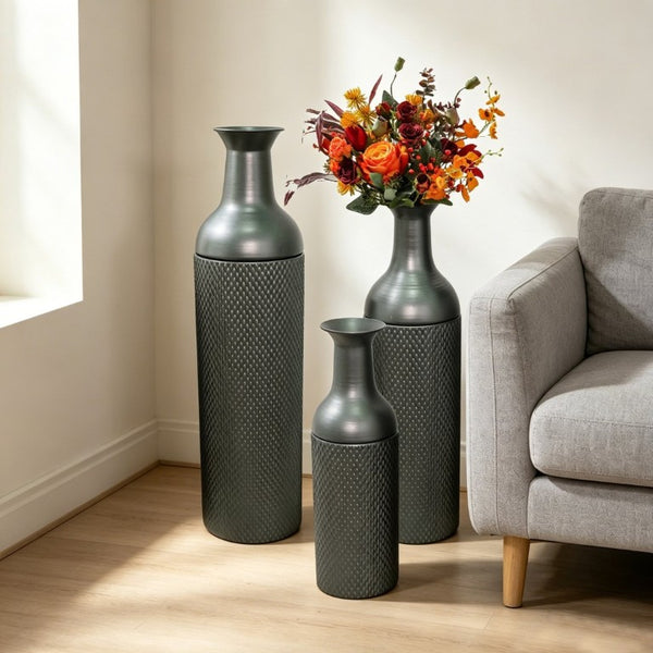 English Elm Decorative Honeycomb Metal Floor Vase Trio Handcrafted Black Silver Leaf Finish W5977P521306