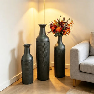English Elm Decorative Honeycomb Metal Floor Vase Trio Handcrafted Black Silver Leaf Finish W5977P521306