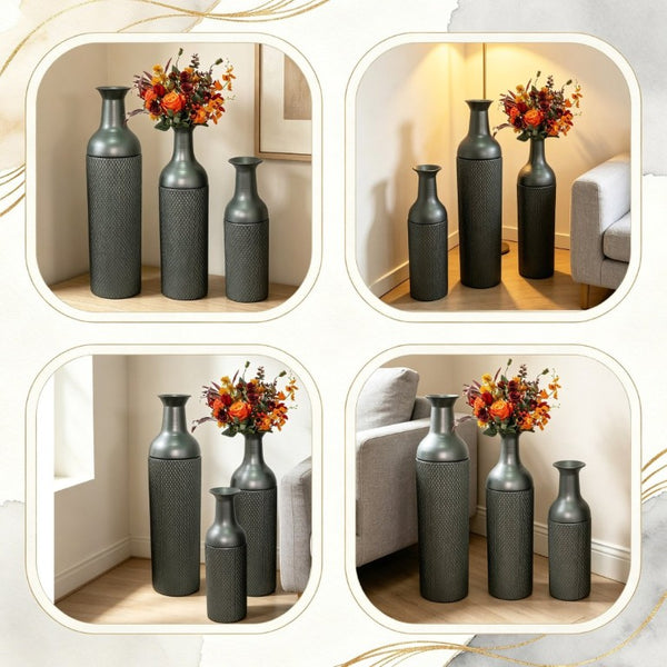 English Elm Decorative Honeycomb Metal Floor Vase Trio Handcrafted Black Silver Leaf Finish W5977P521306