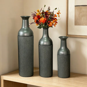 English Elm Decorative Honeycomb Metal Floor Vase Trio Handcrafted Black Silver Leaf Finish W5977P521306