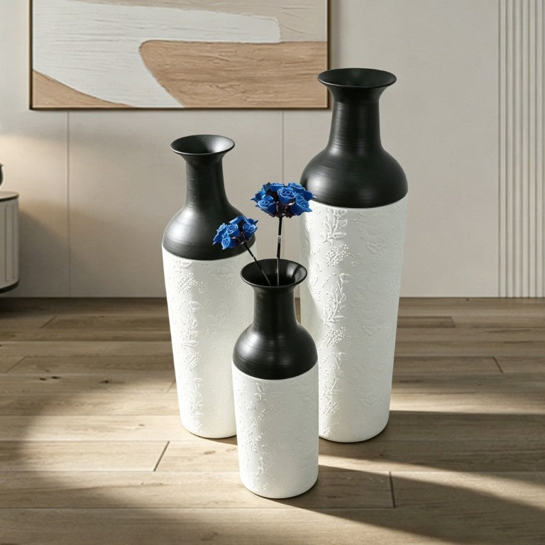 English Elm Decorative Glazed Metal Floor Vase Trio Embossed Leaf Pattern Sculptural Living Room Accent W5977P521307