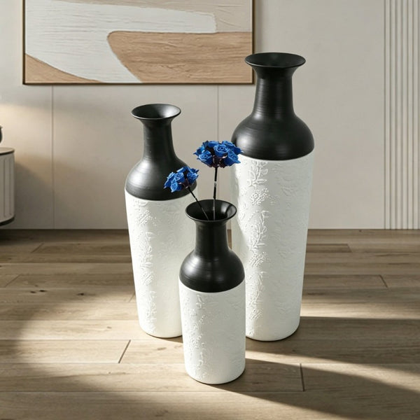 English Elm Decorative Glazed Metal Floor Vase Trio Embossed Leaf Pattern Sculptural Living Room Accent W5977P521307