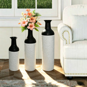 English Elm Decorative Glazed Metal Floor Vase Trio Embossed Leaf Pattern Sculptural Living Room Accent W5977P521307