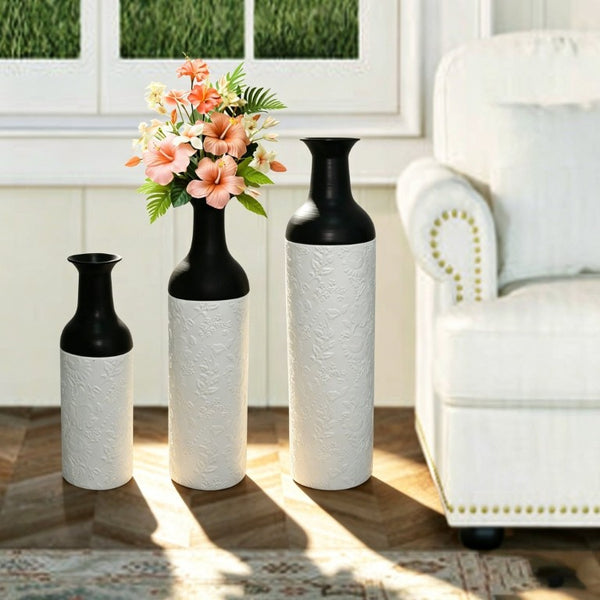 English Elm Decorative Glazed Metal Floor Vase Trio Embossed Leaf Pattern Sculptural Living Room Accent W5977P521307