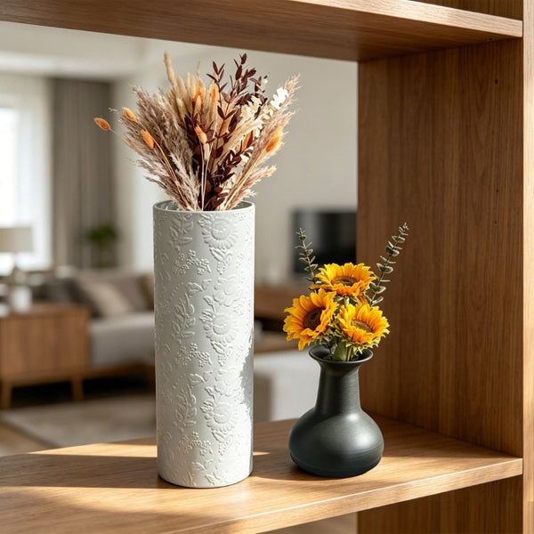 English Elm Decorative Glazed Metal Floor Vase Trio Embossed Leaf Pattern Sculptural Living Room Accent W5977P521307