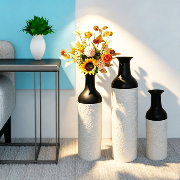 English Elm Decorative Glazed Metal Floor Vase Trio Embossed Leaf Pattern Sculptural Living Room Accent W5977P521307