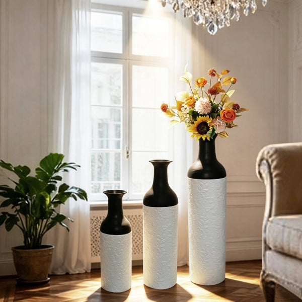 English Elm Decorative Glazed Metal Floor Vase Trio Embossed Leaf Pattern Sculptural Living Room Accent W5977P521307