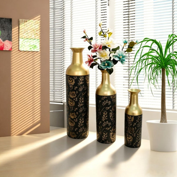 English Elm Decorative Tall Metal Floor Vase Trio Matte Black Gold Leaf Finish for Living Room W5977P521308