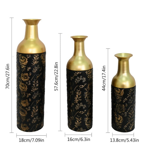 English Elm Decorative Tall Metal Floor Vase Trio Matte Black Gold Leaf Finish for Living Room W5977P521308