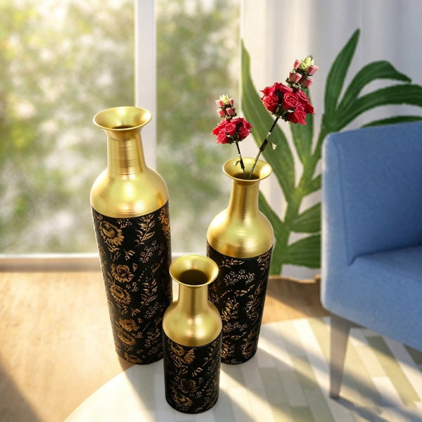 English Elm Decorative Tall Metal Floor Vase Trio Matte Black Gold Leaf Finish for Living Room W5977P521308