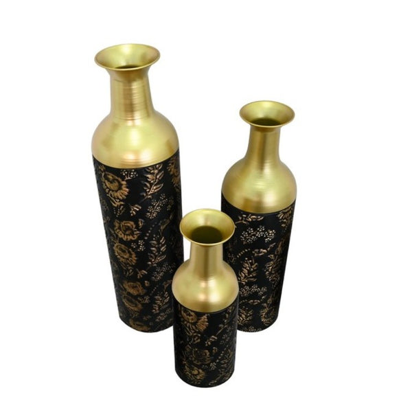 English Elm Decorative Tall Metal Floor Vase Trio Matte Black Gold Leaf Finish for Living Room W5977P521308